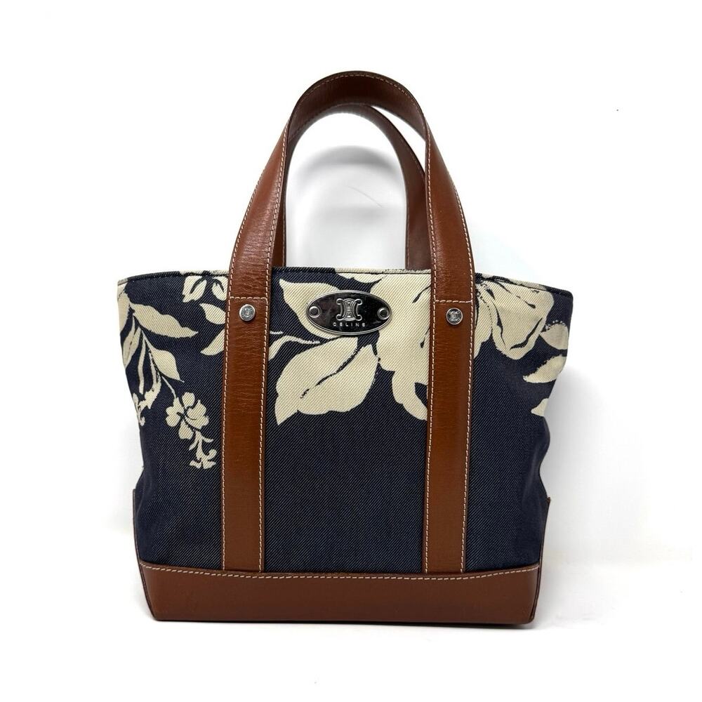 Celine Y2K 2004 hibiscus Blue Print Floral Canvas and Brown Leather bag